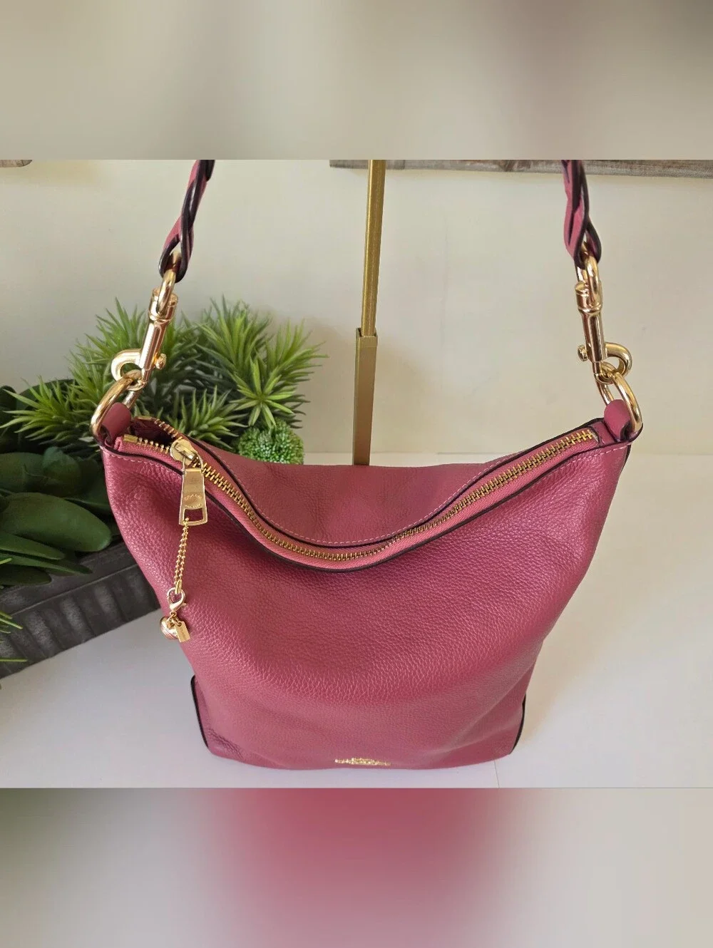 Coach Abby Duffle Shoulder Crossbody Bag Rose Berry Pebbled Leather Heart Charm